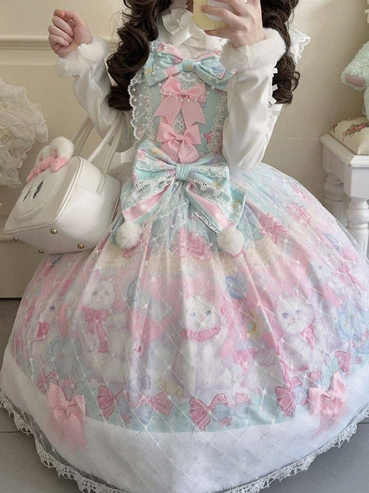 Sweet Trim with Cat Hem Lolita and Print Accents Green Bow Pink Fur Dress Light