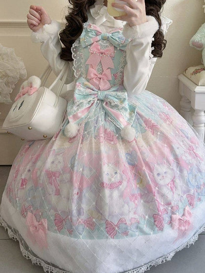 Sweet Trim with Cat Hem Lolita and Print Accents Green Bow Pink Fur Dress Light