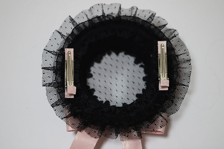 Black & Pink Satin Bowknot Mini Hat Hairclip - The Accessories' Story