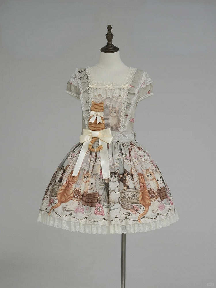 Green Cat Print Square Neckline Sweet Lolita JSK Dress with Plush Cat Patch - NyaNya