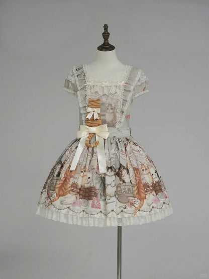 Green Cat Print Square Neckline Sweet Lolita JSK Dress with Plush Cat Patch - NyaNya