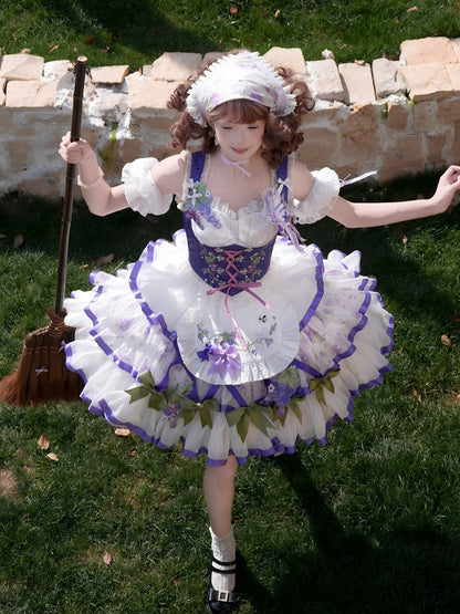 Outfit Bavaria - Weiß-Lila Oktoberfest-Korsett-Set, Traubenstickerei, Schürzenrock + Stufen-Lolita-Oberteil