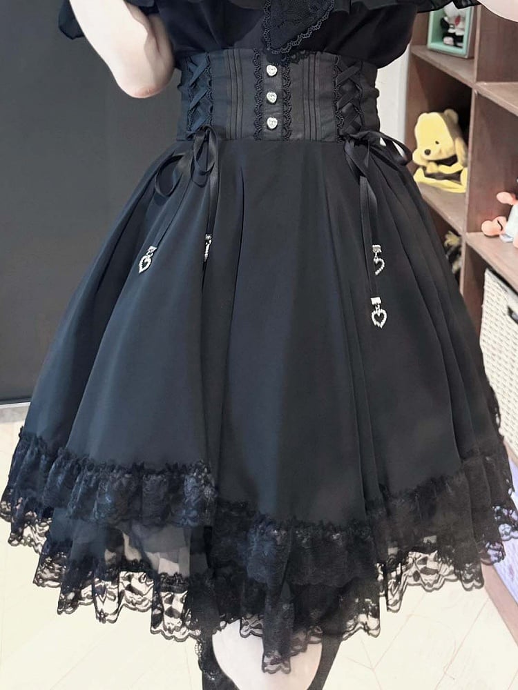 Jirai Kei Black Lace Trim High Waist Skirt - YoshiKi