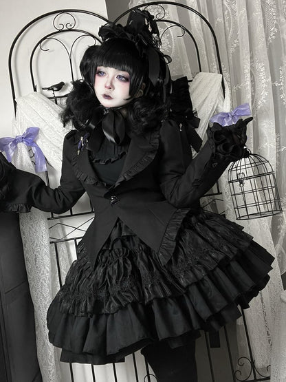 Black Gothic Lolita Tiered Ruffle Puffy Skirt