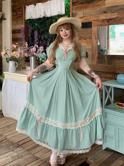 Plus Size Green Sweet Long Dress with Lace & Puff Sleeves - Hard Candy