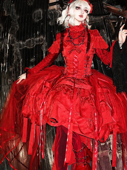 Design Schnürschuhe mit Taillen-Vogelkäfig-Ovarlay-Rot-Lolita-Kleid-Rock groß und Gothic-Schleife-Korsett abnehmbar