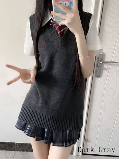Vest Preppy JK Color Uniform Style Knitted 10 V-neck Options