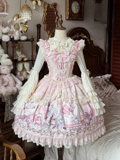 Sleeves Pink Cat Dress Flutter Trim and Bow Lace Print Accents Sweet with Lolita JSK