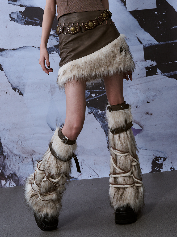 Y2K Stulpen Beige Bein Weiß mit PU verstellbaren Riemen