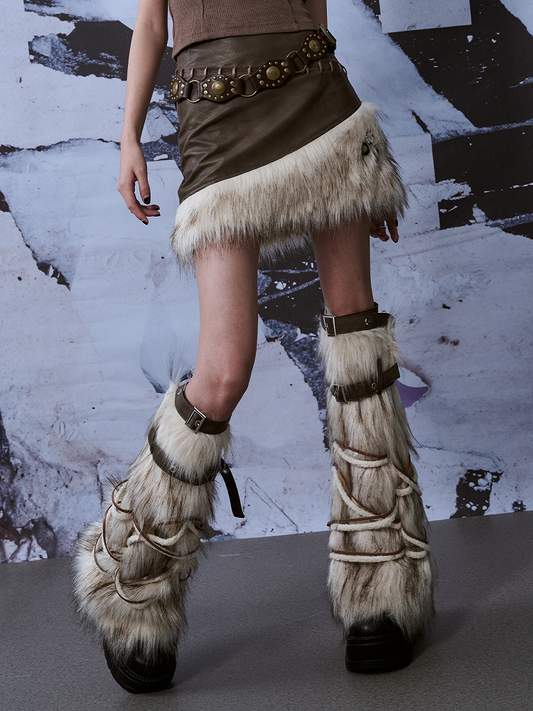 Y2K Stulpen Beige Bein Weiß mit PU verstellbaren Riemen