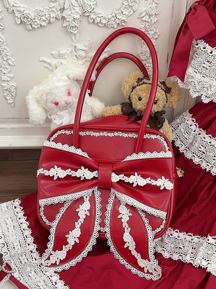 Schulter (3 Vordertaschen aus roter Spitze) kontrastierende Statement-Besätze in quadratischen und weißen Lolita-Stilen mit PU-Schleife