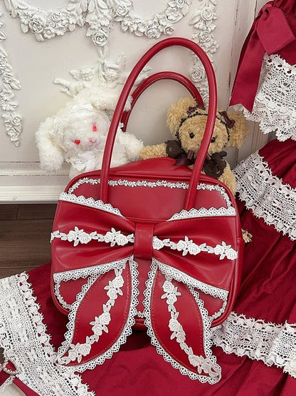 Shoulder (3 Front Bag Lace Red Lace) Contrasting Statement Trims of Square and White Lolita Types with PU Bow