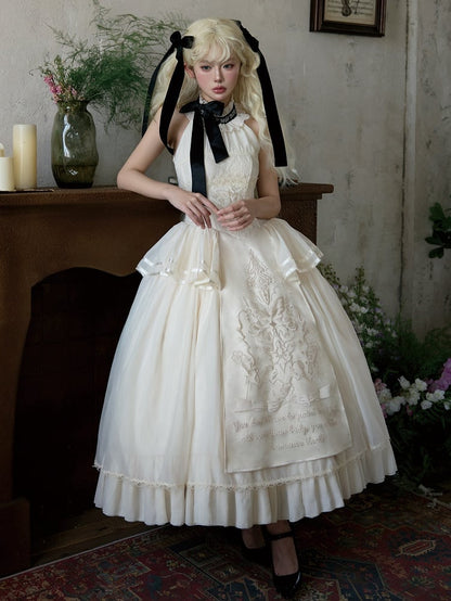 Neck Halter Detail Classic Creamy Dress Lolita Embroidery Backless Delicate
