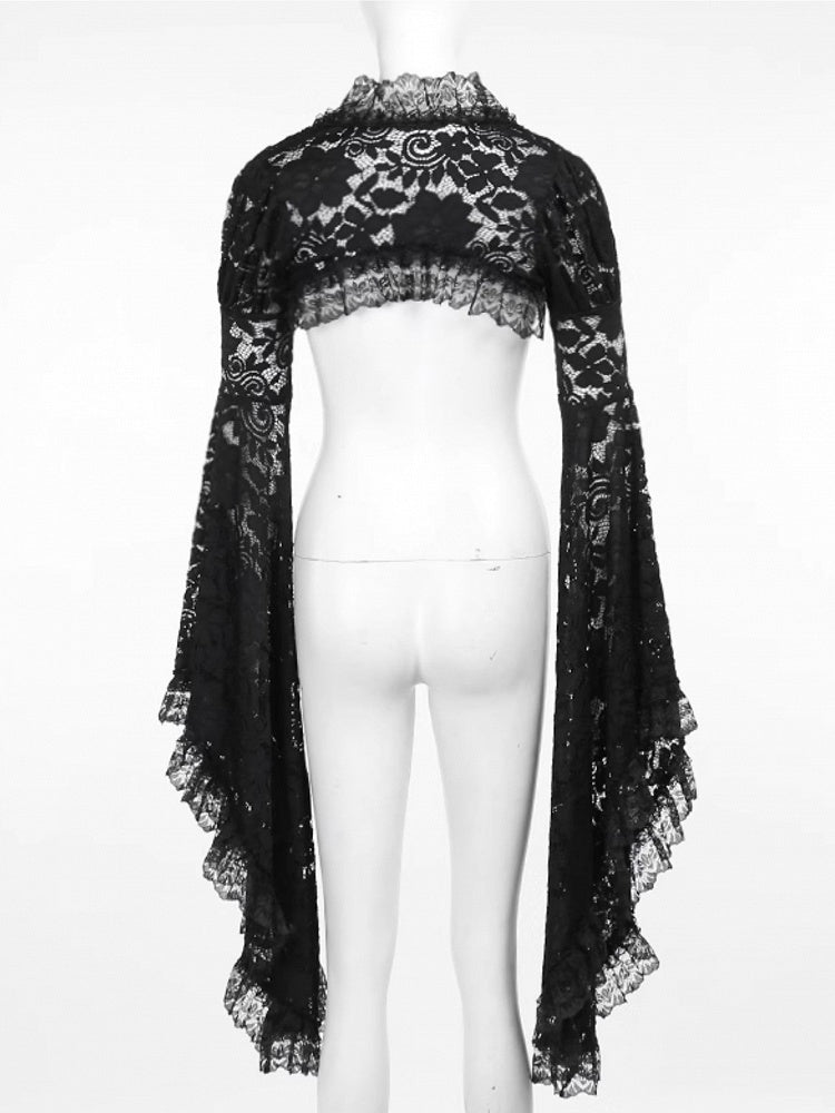 Black Lace Shrug Embroidery Sleeve Floral Trim Bell Gothic Halloween with