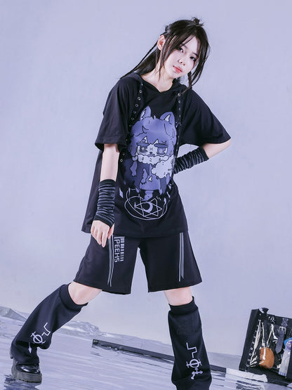 Wolf Cartoon Ears Drawstrings Black with Print and Hooded T-Shirt Strap