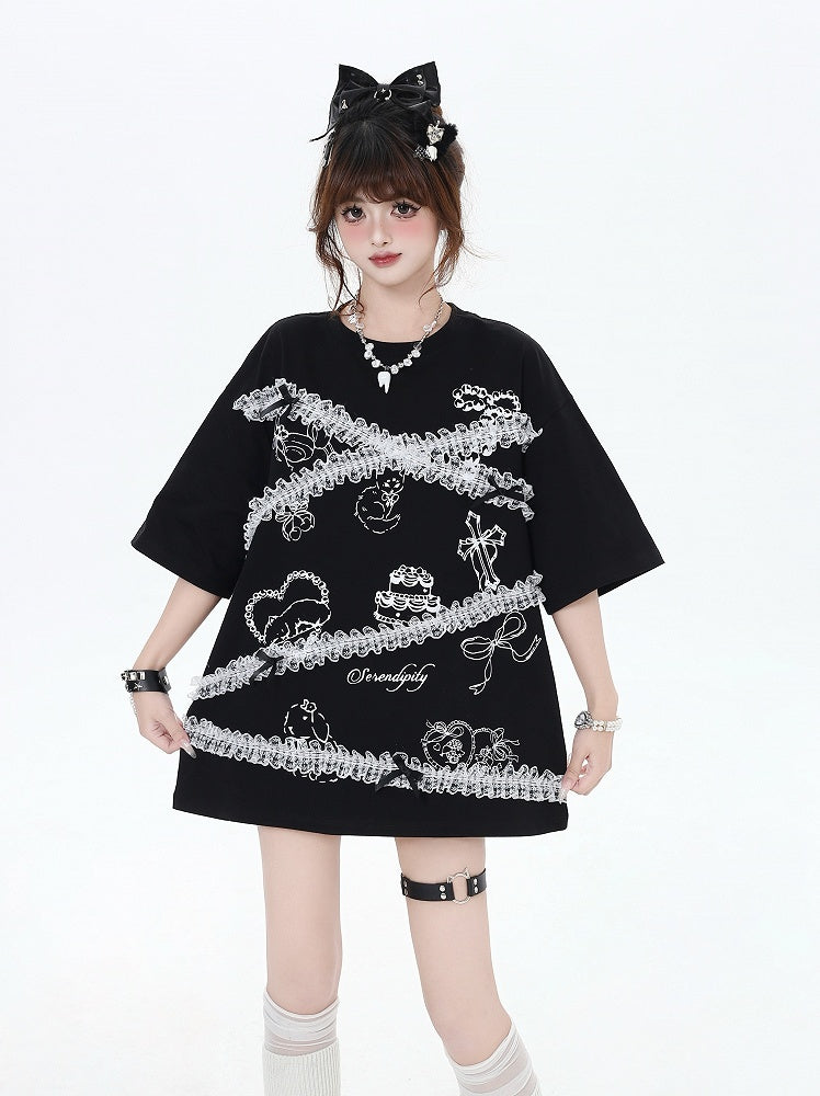 Lace Trim T-Shirt Neck Loose Black/White Cartoon Print Bittersweet Round