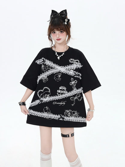 Lace Trim T-Shirt Neck Loose Black/White Cartoon Print Bittersweet Round