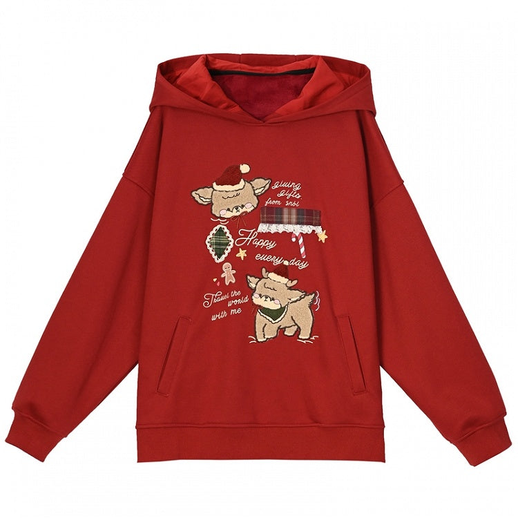 Christmas Red Cute Reindeer Appliques Thick Hoodie