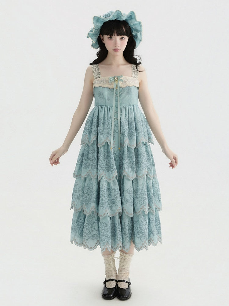 Jumper with Trim Scallop Skirt Blue Classic Layered Print Embroidered Lolita Floral