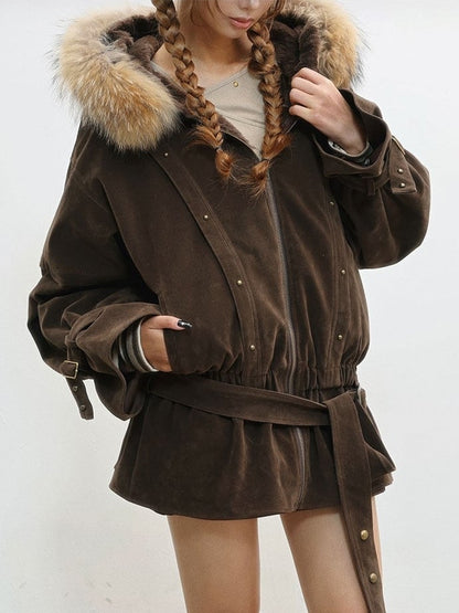 Hood Belt Coffee with Waist Plush Jacket - Hooded Edge Punk