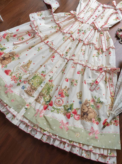 Bunny Lolita Grünes Kleid Print Saum Fashion House Pink Floral und