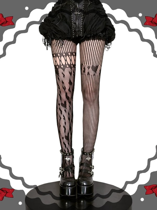 ブラック/レッド/ホワイトハート柄アシンメトリーフィッシュネットタイツ