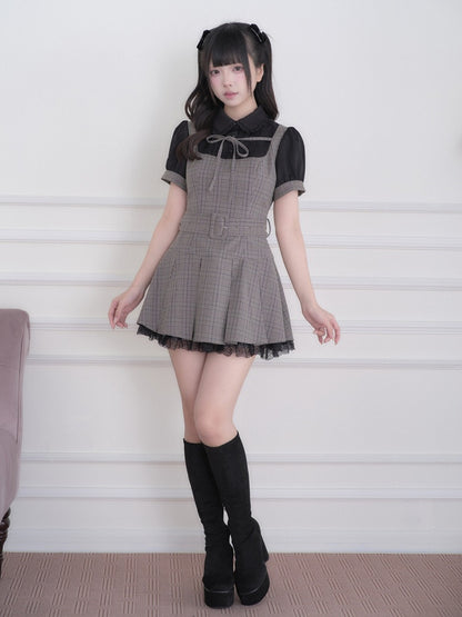 Black Jirai Kei Fake Two-Piece Plaid Short Sleeve Dress with Lace Detail and Belt - No Genki