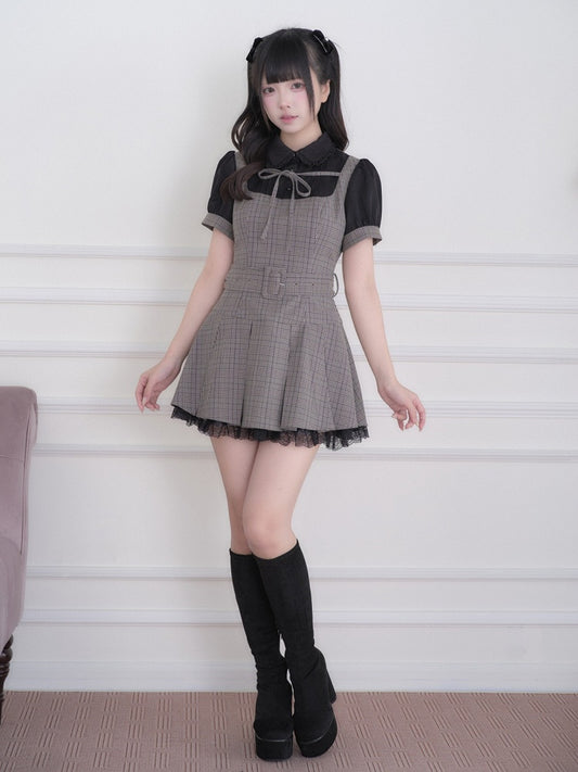 Black Jirai Kei Fake Two-Piece Plaid Short Sleeve Dress with Lace Detail and Belt - No Genki