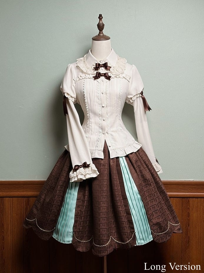 Chocolate with Scalloped Trim Green Pleating Mint Sweet Details Skirt Edge Lolita