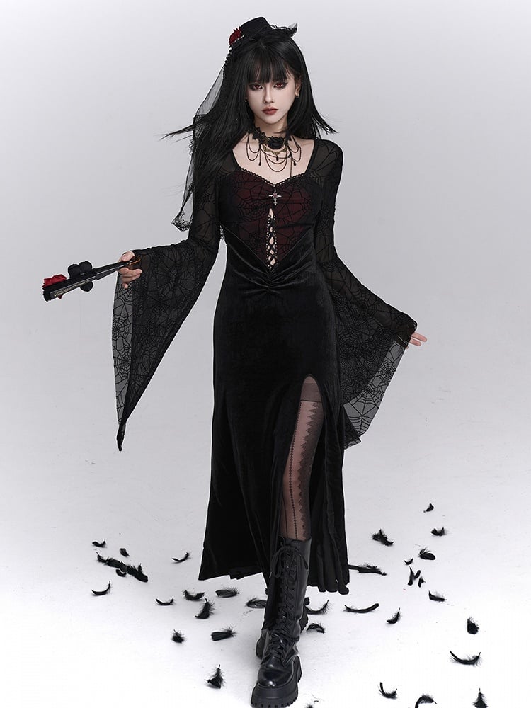 with Thigh-High Black Halloween Gothic Sleeves Bell Spiderweb Red Slit Dress