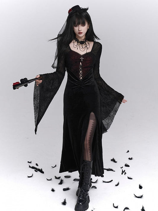 with Thigh-High Black Halloween Gothic Sleeves Bell Spiderweb Red Slit Dress
