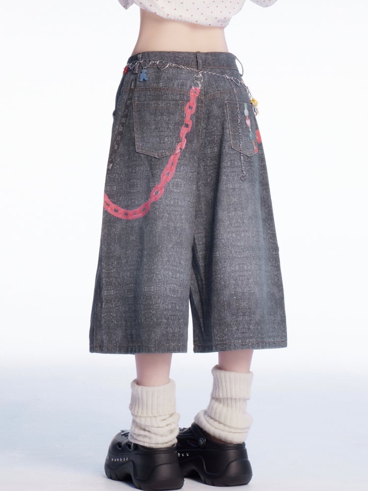 ウエストチェーンプリント フェードウォッシュ ワイドレッグジーンズ グレー ロー