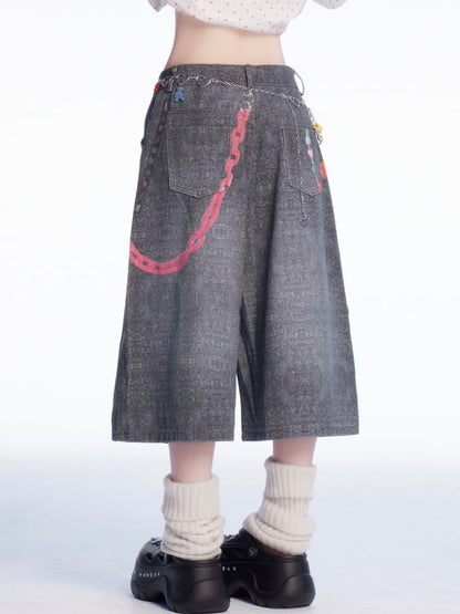 ウエストチェーンプリント フェードウォッシュ ワイドレッグジーンズ グレー ロー