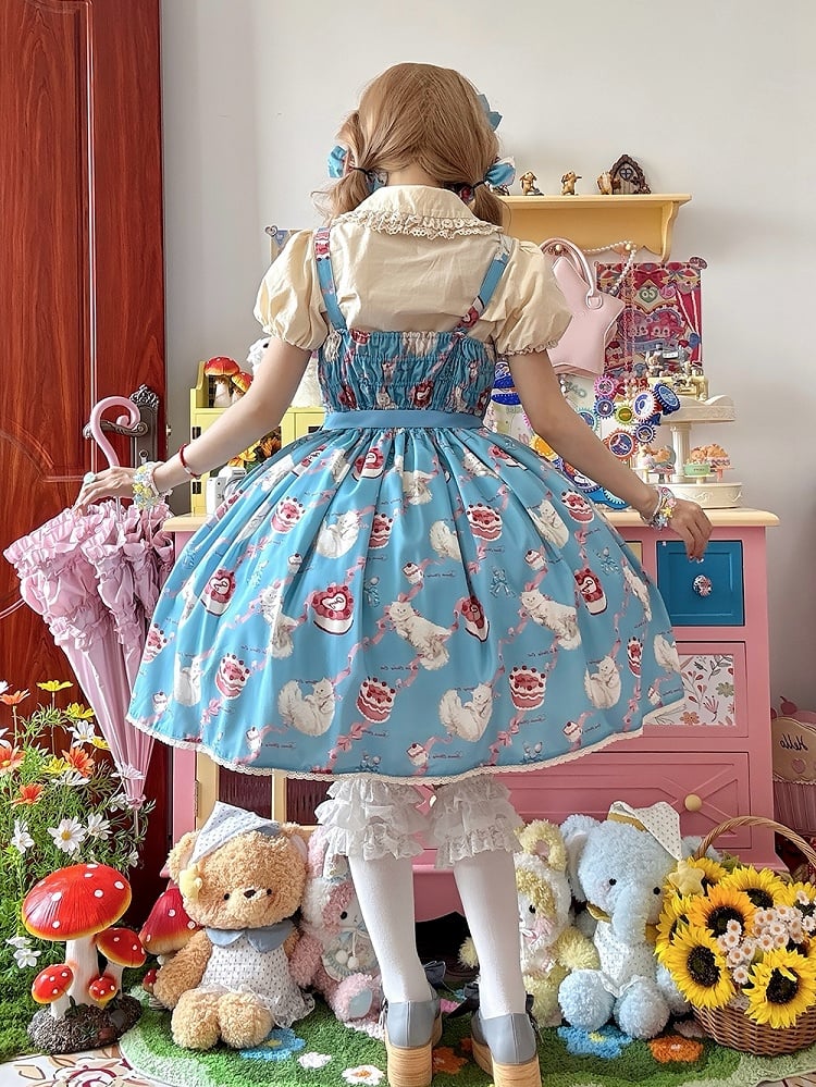 Kleid Print Rock süße Lolita Jumper Showa flauschige Kätzchen blau süß
