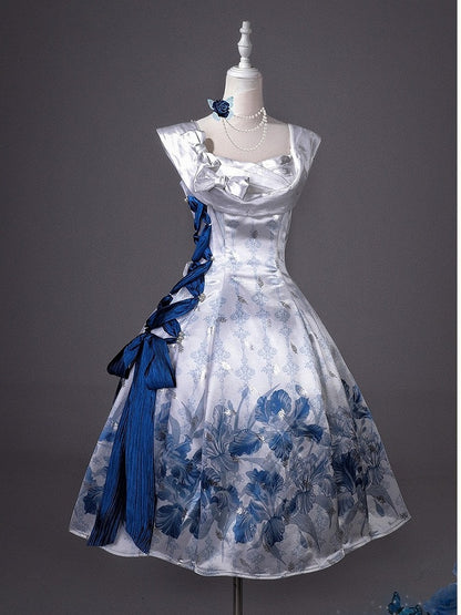 Sleeveless Satin Lolita Dress with Blue and White Floral Print and Bows - Unknown Star