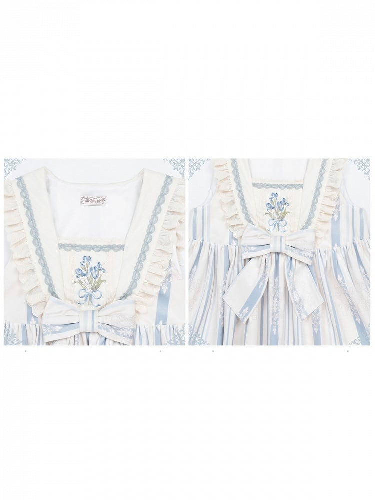 Blue & White Striped Floral Embroidered JSK Set with Knit Top, Belt & KC - With PUJI