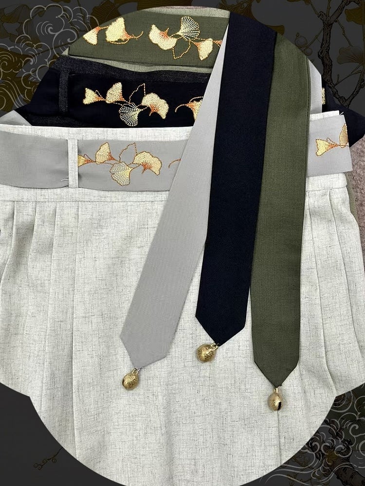 Chinese Green/Black/Light with Charm Style Motif Gray Waist Ginkgo Bell Belt Leaf