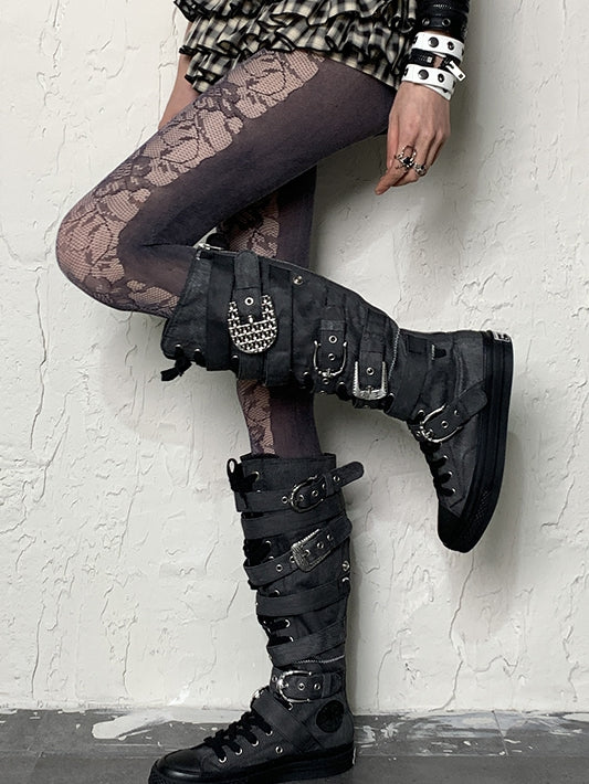 柄レース花柄ダークタイツパープル