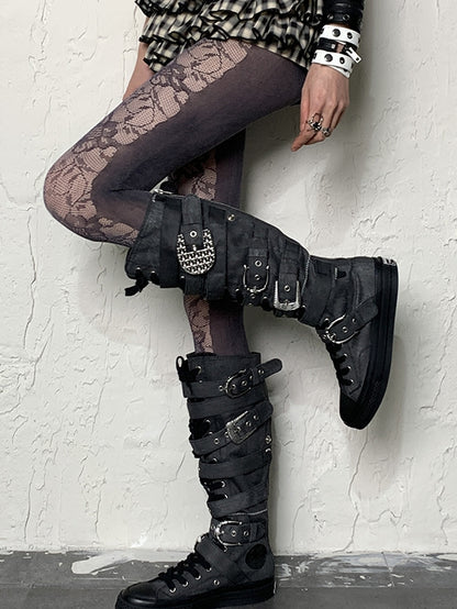 柄レース花柄ダークタイツパープル