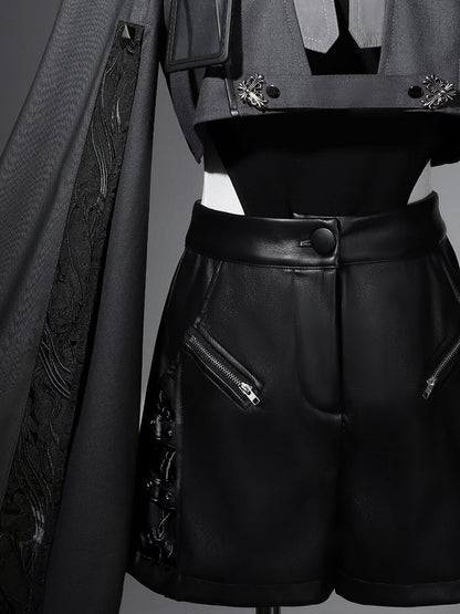 - Size XL Shorts Bodysuit Outfit Ouji Jacket Techwear Black Overlong + Exclusive Sleeves Cropped Leather Lolita Futuristic