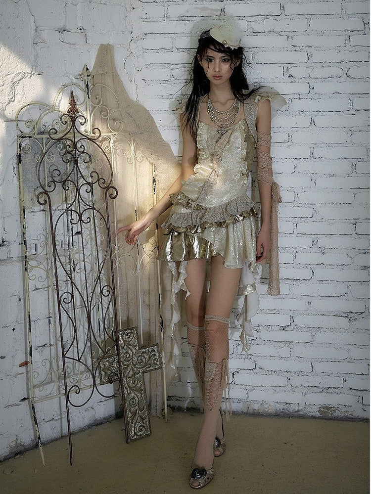 Gold Satin Two-Piece Asymmetrical Dress with Ruffle - NO ROMANCE