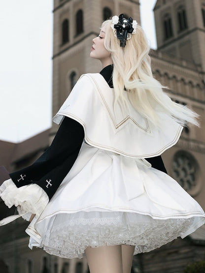 White and Black Cross Details Bell Sleeves Nun Lolita Dress