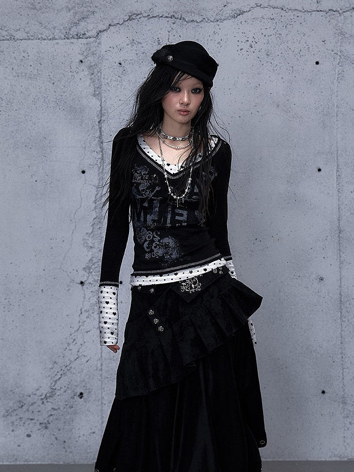 Rock Black Print Details V-neck - Top Punk Shoulder Button Sleeve Long Number