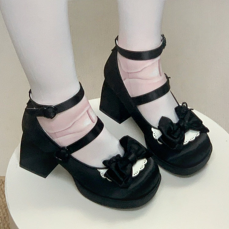 Bow Satin Lolita Ankle Shoes with Detachable Strap Hem Scalloped in Black High-heel Mary Sweet Jane Details