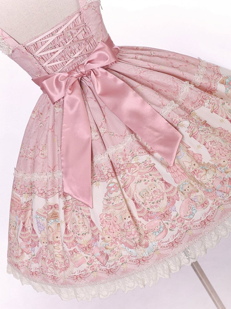 Sweet Pink Doll-Themed Lolita JSK with Bow Accents and Toy Bed Print - Alice Girl