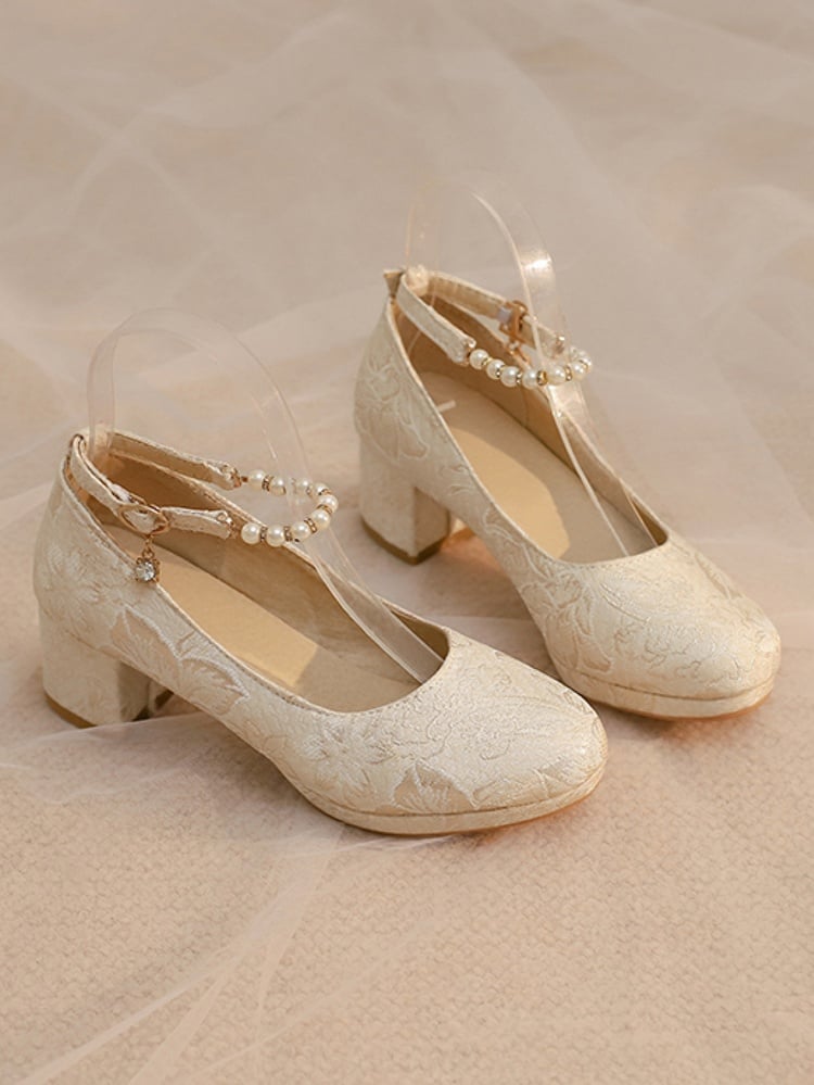 Beige Block Floral Janes Beaded 5cm Pattern Mary - Heel Lolita with Strap Qi Satin