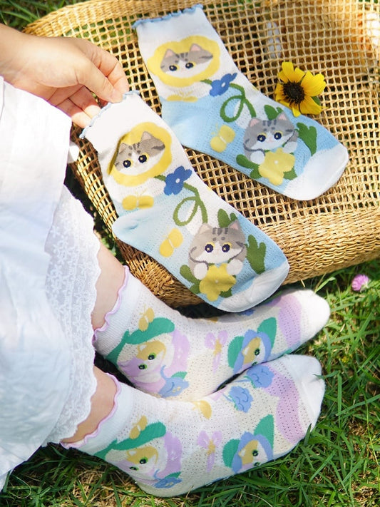 Cute Kitty Floral Print Socks Set