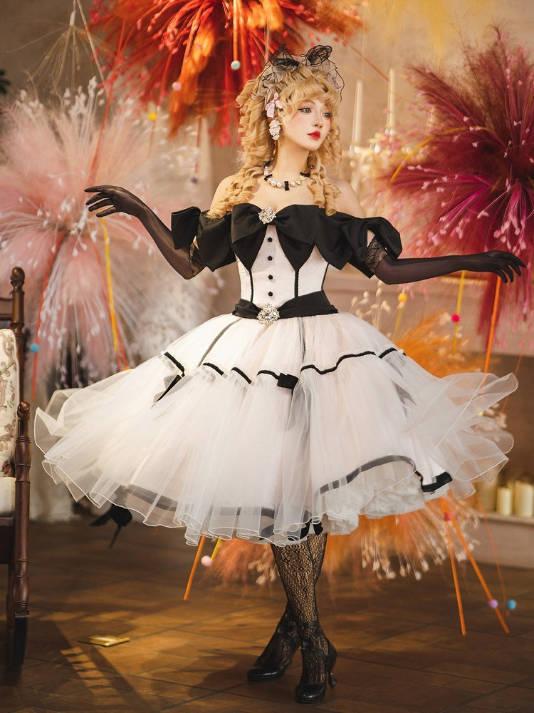 Big Bow Off-the-shoulder Neckline Pink Elegant Tea Party Lolita Tulle Dress
