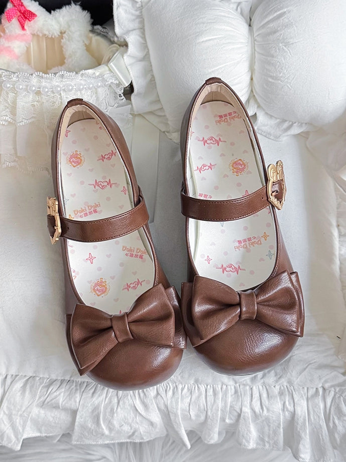 - Mary Brown Fastener Leather Top Bow PU Sweet Low-heel Janes Lolita Bunny with