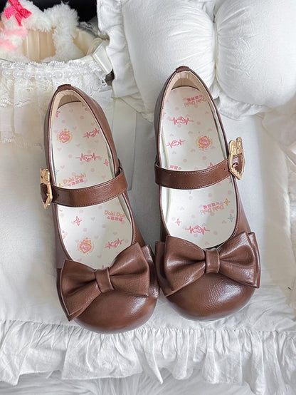 - Mary Brown Fastener Leather Top Bow PU Sweet Low-heel Janes Lolita Bunny with